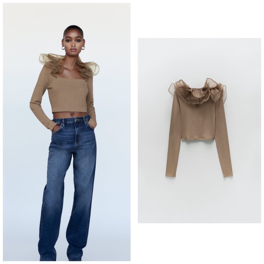 Zara Beige Ruffle-Trim Long Sleeve Crop Top - Picture 1 of 7